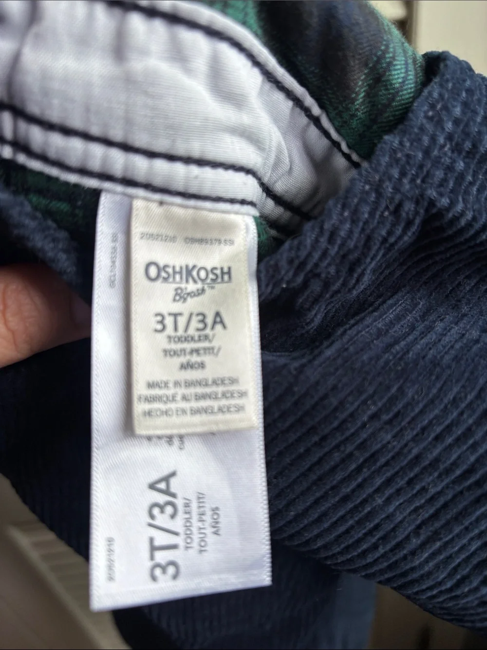 OshKosh B'gosh Navy Corduroy Overalls with Green & Blue Plaid Shirt